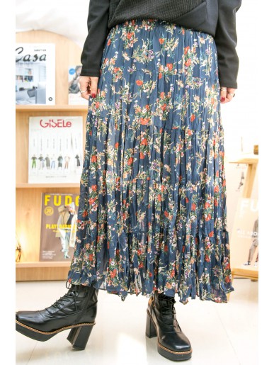 2215-1194A - Vintage -花花PATTERN ‧ 縐縐雪紡料 橡根腰半截裙 (有厘布) (韓國)  